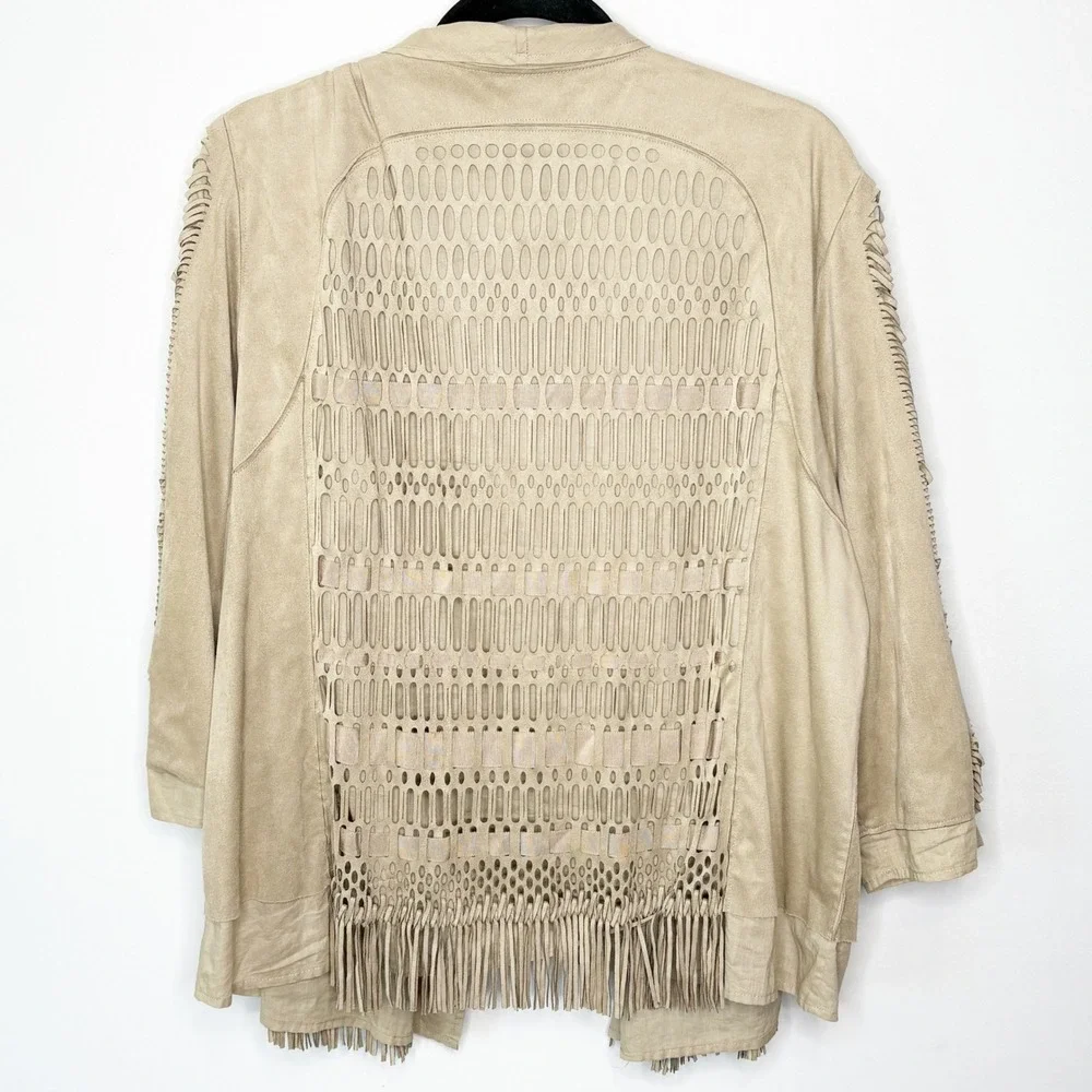 Chico's Tan Faux Suede Fringe Laser Cut Open Front Jacket Cardigan Size 3 XL